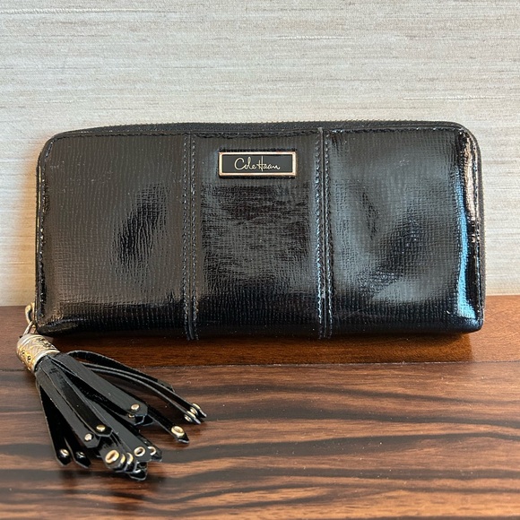 Cole Haan Black Patent Leather Tassel Zip Wallet - Picture 11 of 12